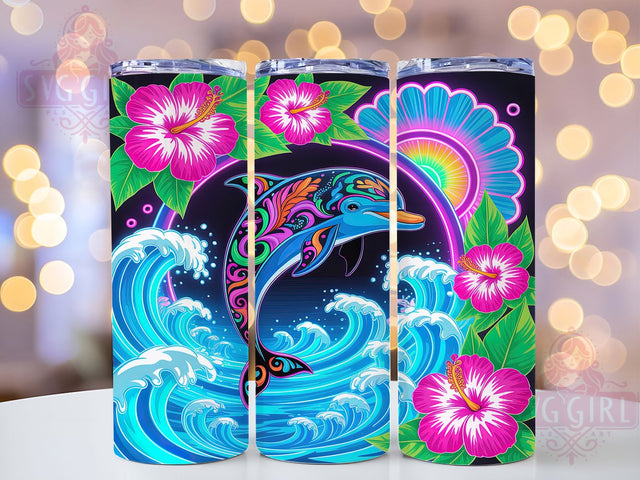 Neon Mandala Dolphin Tumbler, Mandala Ocean Design, Dolphin Mandala Pattern, 20Oz Sublimation Wrap, Neon Ocean Art, Glowing Dolphin Texture, Tumbler Sublimation Sublimation SvggirlplusArt 