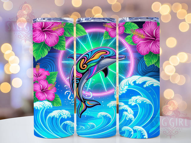 Neon Mandala Dolphin Tumbler, Mandala Ocean Design, Dolphin Mandala Pattern, 20Oz Sublimation Wrap, Neon Ocean Art, Glowing Dolphin Texture, Tumbler Sublimation Sublimation SvggirlplusArt 