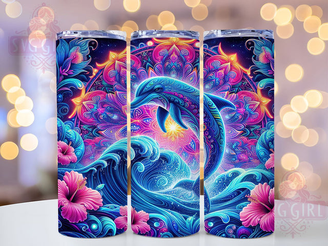 Neon Mandala Dolphin Tumbler, Mandala Ocean Design, Dolphin Mandala Pattern, 20Oz Sublimation Wrap, Neon Ocean Art, Glowing Dolphin Texture, Tumbler Sublimation Sublimation SvggirlplusArt 