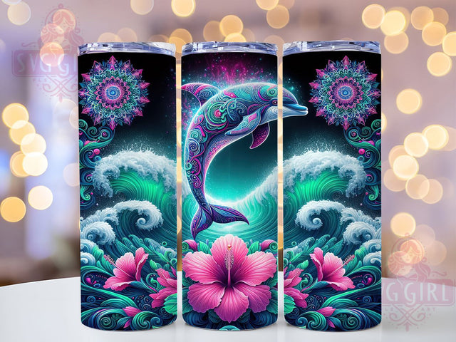 Neon Mandala Dolphin Tumbler, Neon Ocean, Sublimation Art, 20oz Tumbler, Sea Life Theme, Colorful Design, Tropical Style Sublimation SvggirlplusArt 