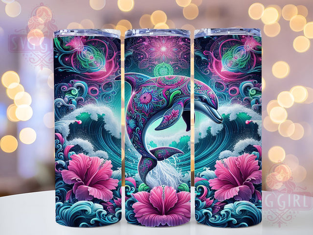 Neon Mandala Dolphin Tumbler, Neon Ocean, Sublimation Art, 20oz Tumbler, Sea Life Theme, Colorful Design, Tropical Style Sublimation SvggirlplusArt 
