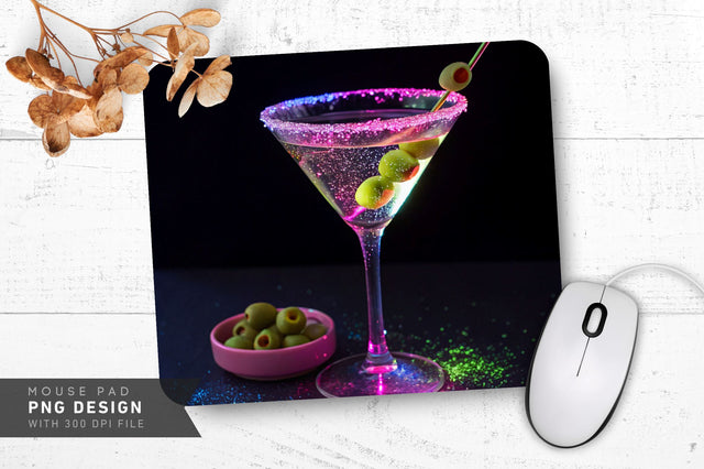 Neon Martini Glass with Glowing Olives and Sparkles Mouse Pad Design Sublimation Regulrcrative 