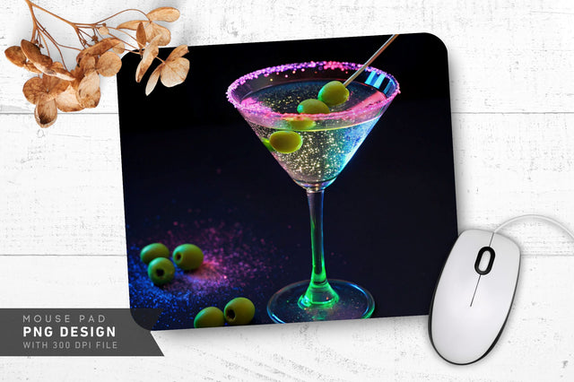 Neon Martini Glass with Glowing Olives and Sparkles Mouse Pad Design Sublimation Regulrcrative 