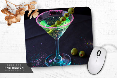 Neon Martini Glass with Glowing Olives and Sparkles Mouse Pad Design Sublimation Regulrcrative 