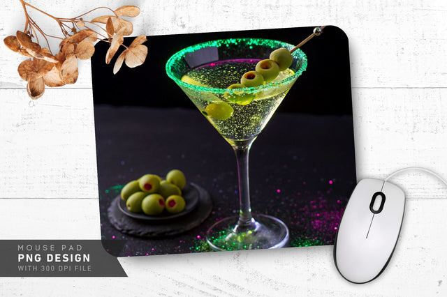 Neon Martini Glass with Glowing Olives and Sparkles Mouse Pad Sublimation Regulrcrative 