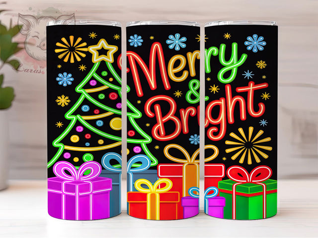 Neon Merry and Bright Tumbler, Christmas Glow Wrap, Retro Holiday Design, Sublimation Cup, 20oz Skinny Tumbler, Bright Festive Drinkware, Neon Christmas Style Sublimation Lara' s Designs 