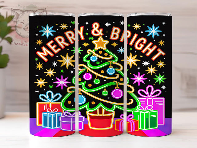 Neon Merry and Bright Tumbler, Christmas Glow Wrap, Retro Holiday Design, Sublimation Cup, 20oz Skinny Tumbler, Bright Festive Drinkware, Neon Christmas Style Sublimation Lara' s Designs 