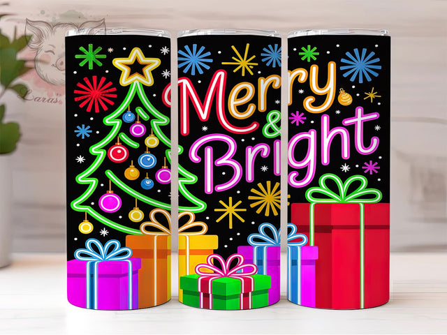 Neon Merry and Bright Tumbler, Christmas Glow Wrap, Retro Holiday Design, Sublimation Cup, 20oz Skinny Tumbler, Bright Festive Drinkware, Neon Christmas Style Sublimation Lara' s Designs 