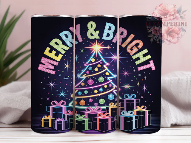 Neon Merry & Bright 20oz Tumbler, Merry & Bright, Neon Style, Holiday Theme, Sublimation Wrap, 20oz Tumbler, Festive Aesthetic, Retro Vibes Sublimation Li Zamperini 