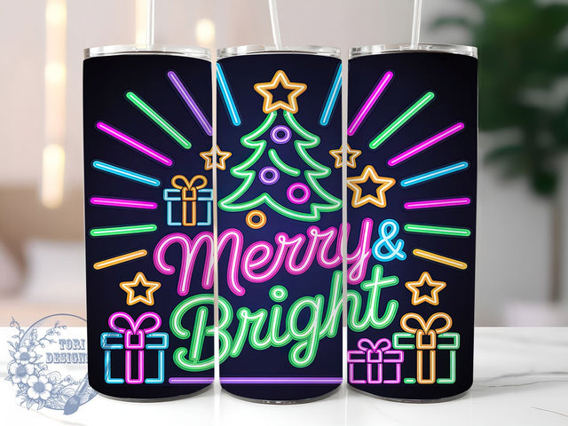 Neon Merry & Bright Christmas Tumbler, Colorful Christmas Neon, Bright Holiday Pattern, 20Oz Sublimation Wrap, Neon Christmas Lights, Festive Glow Design, Tumbler Sublimation Sublimation ToriDesigns 