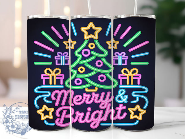 Neon Merry & Bright Christmas Tumbler, Colorful Christmas Neon, Bright Holiday Pattern, 20Oz Sublimation Wrap, Neon Christmas Lights, Festive Glow Design, Tumbler Sublimation Sublimation ToriDesigns 