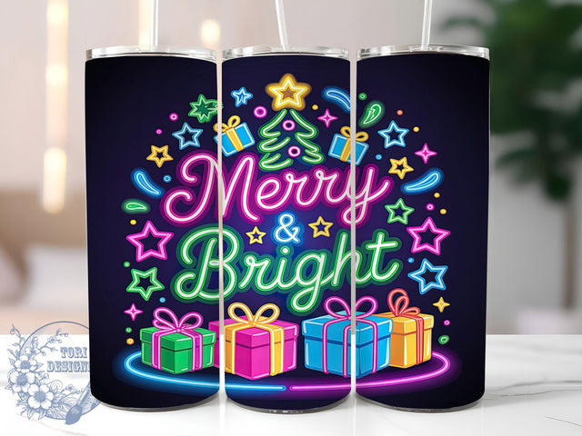 Neon Merry & Bright Christmas Tumbler, Colorful Christmas Neon, Bright Holiday Pattern, 20Oz Sublimation Wrap, Neon Christmas Lights, Festive Glow Design, Tumbler Sublimation Sublimation ToriDesigns 