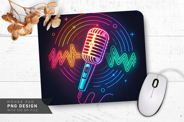 Neon Microphone with Glowing Sound Waves Mouse Pad Design Sublimation Regulrcrative 