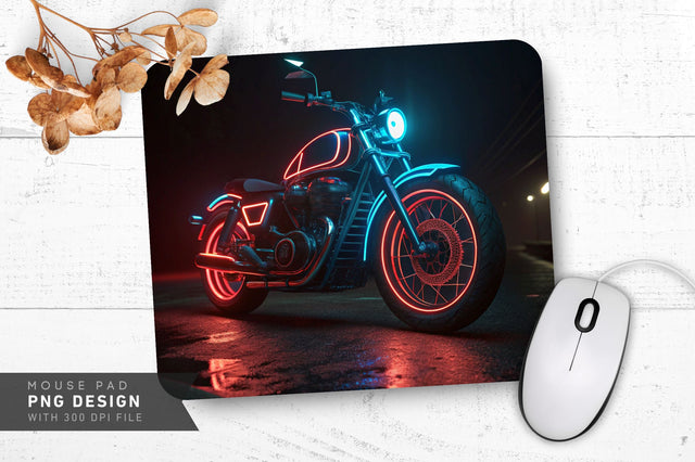 Neon Motorcycle with Glowing Red and Blue Outlines Mouse Pad Design Sublimation Regulrcrative 