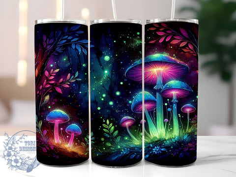 Neon Mushroom Landscape Colorful 20oz Skinny Tumbler, Neon Mushroom Tumbler Png, Straight & Tapered Tumbler Wrap, Instant Digital Download Sublimation ToriDesigns 