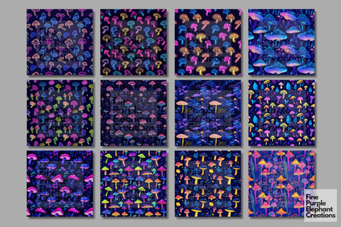 Neon Mushrooms Digital Paper | Florescent Psychedelic Sublimation Digital Pattern Fine Purple Elephant Creations 