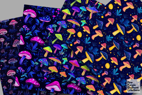 Neon Mushrooms Digital Paper | Florescent Psychedelic Sublimation Digital Pattern Fine Purple Elephant Creations 