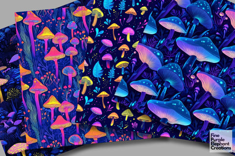 Neon Mushrooms Digital Paper | Florescent Psychedelic Sublimation Digital Pattern Fine Purple Elephant Creations 