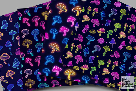 Neon Mushrooms Digital Paper | Florescent Psychedelic Sublimation Digital Pattern Fine Purple Elephant Creations 