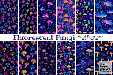 Neon Mushrooms Digital Paper | Florescent Psychedelic Sublimation Digital Pattern Fine Purple Elephant Creations 