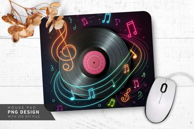 Neon Musical Notes Around a Vintage Vinyl Record Mouse Pad Design Sublimation Regulrcrative 