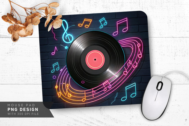 Neon Musical Notes Around a Vintage Vinyl Record Mouse Pad Design Sublimation Regulrcrative 