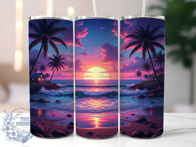 Neon Night Beach Tumbler Wrap, Night Landscape Wrap, 20oz Tumbler Sublimation, Glowing Coastal Design, Vibrant Ocean Night Sublimation, Electric Shoreline Tumbler, Tropical Twilight Wrap Sublimation ToriDesigns 
