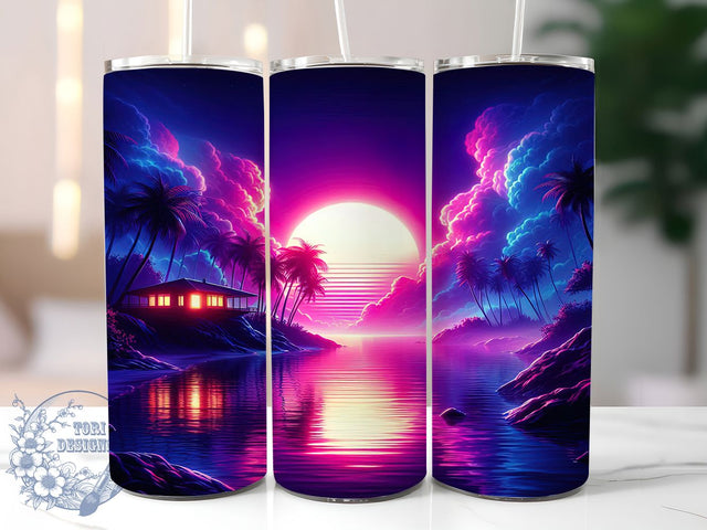 Neon Night Beach Tumbler Wrap, Night Landscape Wrap, 20oz Tumbler Sublimation, Glowing Coastal Design, Vibrant Ocean Night Sublimation, Electric Shoreline Tumbler, Tropical Twilight Wrap Sublimation ToriDesigns 