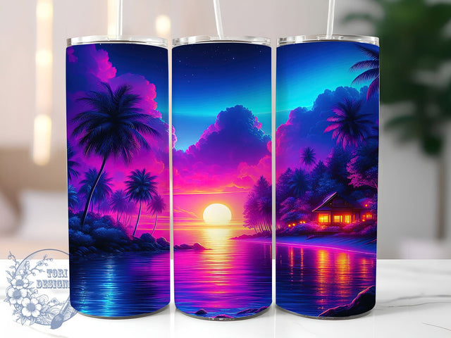 Neon Night Beach Tumbler Wrap, Night Landscape Wrap, 20oz Tumbler Sublimation, Glowing Coastal Design, Vibrant Ocean Night Sublimation, Electric Shoreline Tumbler, Tropical Twilight Wrap Sublimation ToriDesigns 