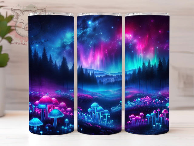 Neon Northern Lights Tumbler, Glow Mushrooms, Cosmic Forest, Fantasy Tumbler, Neon Night, 20oz Tumbler, Sublimation Design Sublimation Lara' s Designs 