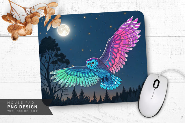 Neon Owl with Glowing Wings and Moonlit Background Mouse Pad Design Sublimation Regulrcrative 