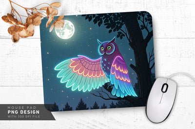 Neon Owl with Glowing Wings and Moonlit Background Mouse Pad Design Sublimation Regulrcrative 