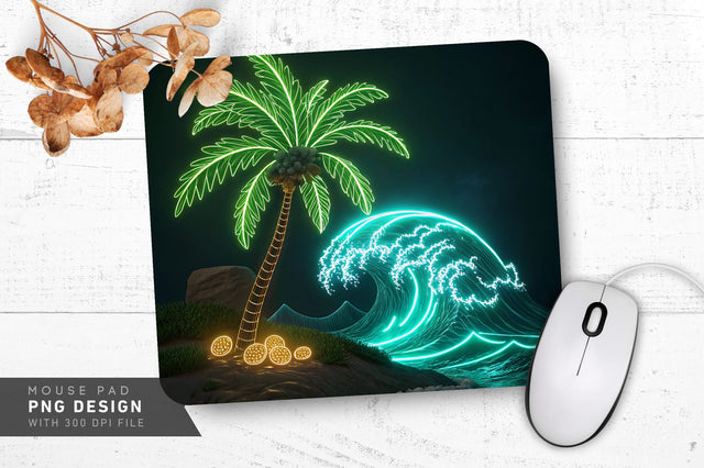 Neon Palm Tree Island with Glowing Coconuts and Bright Waves Mouse Pad Design Sublimation Regulrcrative 