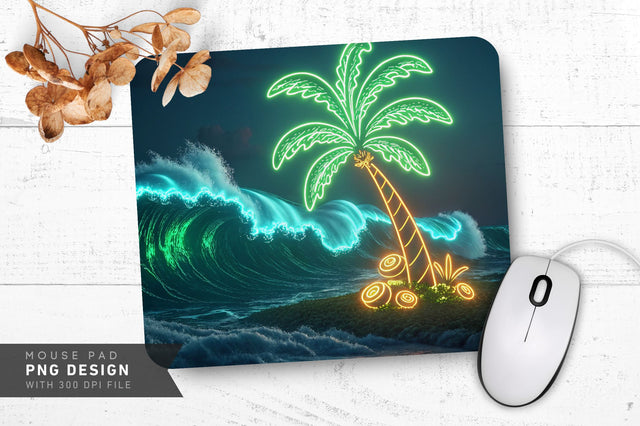 Neon Palm Tree Island with Glowing Coconuts and Bright Waves Mouse Pad Design Sublimation Regulrcrative 