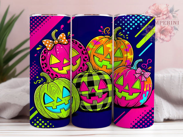 Neon Patchwork Halloween Pumpkins 20oz Tumbler, Halloween Pumpkins, Neon Design, Patchwork Pattern, Spooky Theme, Festive Style, 20oz Wrap, Sublimation Tumbler Sublimation Li Zamperini 