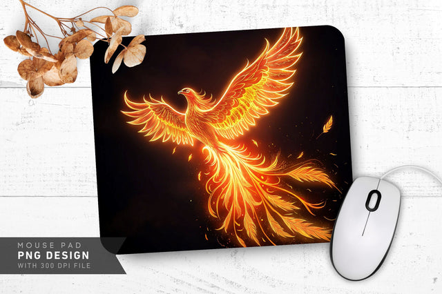 Neon Phoenix in Flight, Glowing in Orange and Gold Flames Mouse Pad Design Sublimation Regulrcrative 