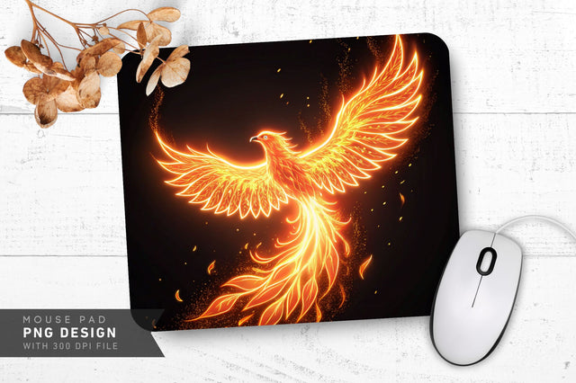 Neon Phoenix in Flight, Glowing in Orange and Gold Flames Mouse Pad Design Sublimation Regulrcrative 