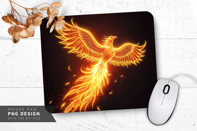 Neon Phoenix in Flight, Glowing in Orange and Gold Flames Mouse Pad Design Sublimation Regulrcrative 