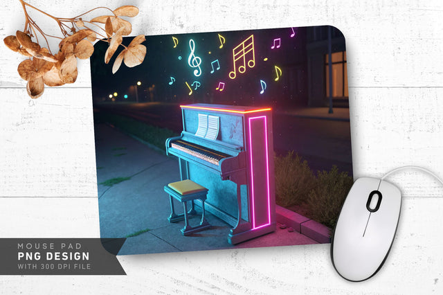 Neon Piano with Glowing Keys and Notes Mouse Pad Design Sublimation Regulrcrative 
