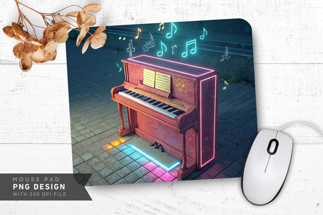 Neon Piano with Glowing Keys and Notes Mouse Pad Design Sublimation Regulrcrative 