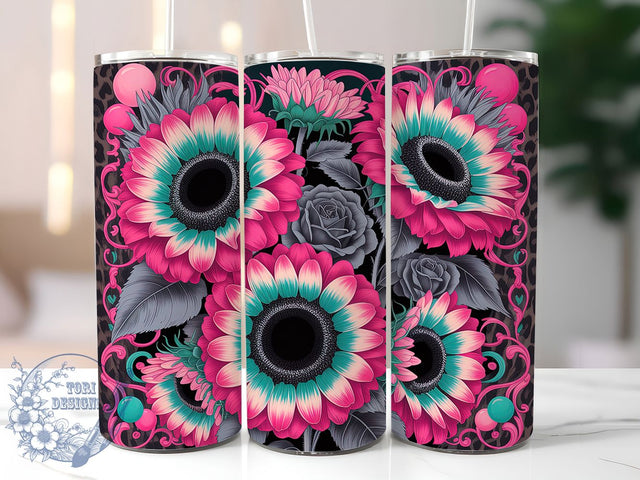 Neon Pink Sunflower Leopard Tumbler, Sunflower Leopard Wrap, 20Oz Sublimation Design, Pink Leopard Print Cup, Bright Floral Tumbler, Animal Print Drinkware, Bold Sunflower Mug Sublimation ToriDesigns 