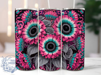 Neon Pink Sunflower Leopard Tumbler, Sunflower Leopard Wrap, 20Oz Sublimation Design, Pink Leopard Print Cup, Bright Floral Tumbler, Animal Print Drinkware, Bold Sunflower Mug Sublimation ToriDesigns 