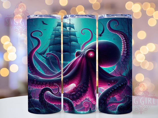 Neon Pirate Octopus Tumbler, Pirate Ship Tumbler, Giant Octopus Wrap, Vibrant Nautical Wrap, Artistic Neon Wrap, Sublimation Design, Trendy Gift Idea Sublimation SvggirlplusArt 