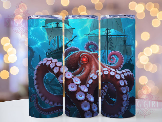 Neon Pirate Octopus Tumbler, Pirate Ship Tumbler, Giant Octopus Wrap, Vibrant Nautical Wrap, Artistic Neon Wrap, Sublimation Design, Trendy Gift Idea Sublimation SvggirlplusArt 
