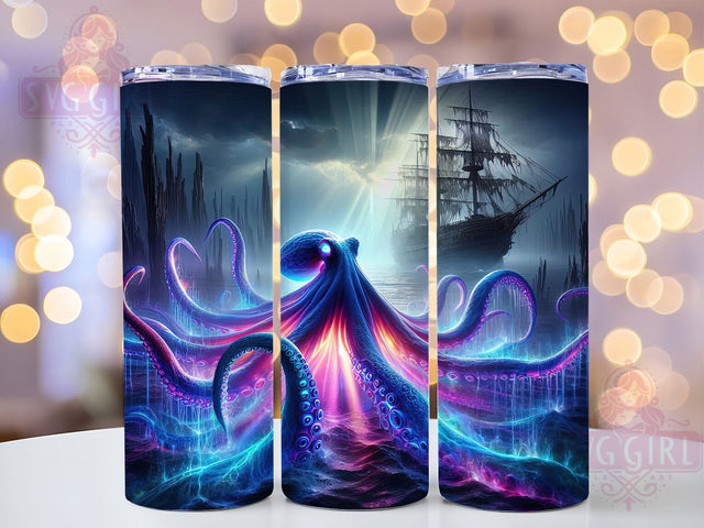 Neon Pirate Octopus Tumbler, Pirate Ship Tumbler, Giant Octopus Wrap, Vibrant Nautical Wrap, Artistic Neon Wrap, Sublimation Design, Trendy Gift Idea Sublimation SvggirlplusArt 