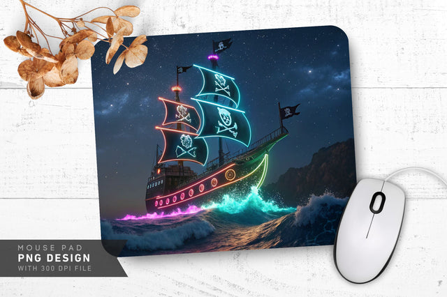 Neon Pirate Ship with Ocean Waves and Skull Flags Mouse Pad Design Sublimation Regulrcrative 