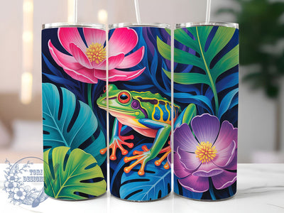Neon Psychedelic Frog Tumbler, Colorful Flowers, Nature Theme, Psychedelic Style, Vibrant Pattern, 20Oz Tumbler, Sublimation Wrap Sublimation ToriDesigns 