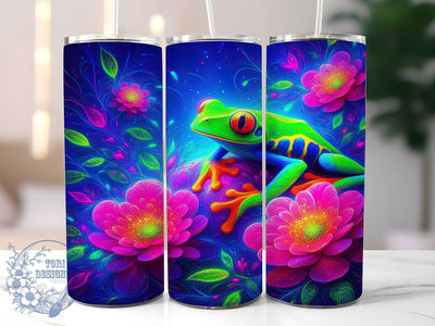 Neon Psychedelic Frog Tumbler, Colorful Flowers, Nature Theme, Psychedelic Style, Vibrant Pattern, 20Oz Tumbler, Sublimation Wrap Sublimation ToriDesigns 