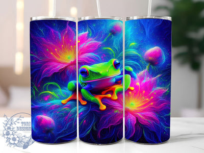 Neon Psychedelic Frog Tumbler, Colorful Flowers, Nature Theme, Psychedelic Style, Vibrant Pattern, 20Oz Tumbler, Sublimation Wrap Sublimation ToriDesigns 