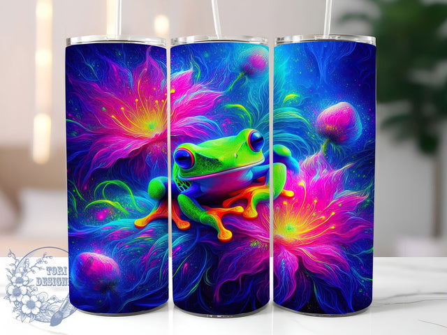 Neon Psychedelic Frog Tumbler, Colorful Flowers, Nature Theme, Psychedelic Style, Vibrant Pattern, 20Oz Tumbler, Sublimation Wrap Sublimation ToriDesigns 